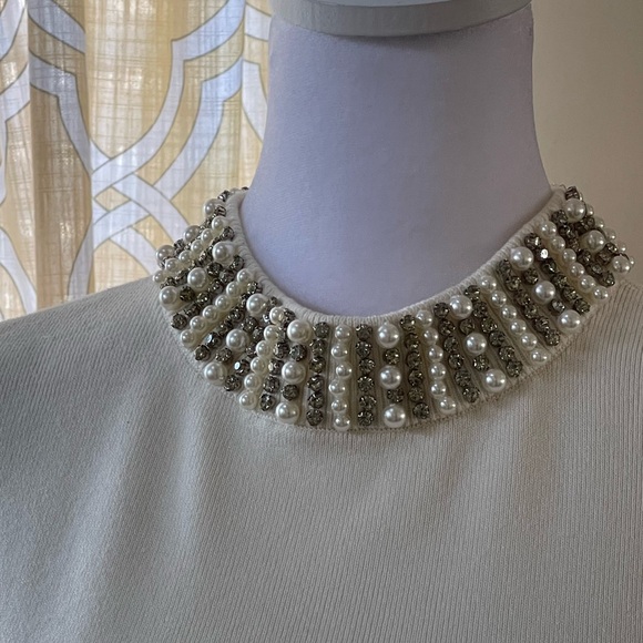 Talbots Petite Ivory Cream Sweater Pearl Rhinestones Collar Sz SP Short Sleeves - Picture 6 of 16